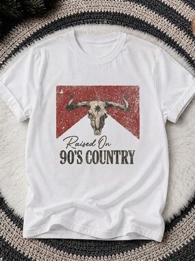 Raised On 90's Country Shirt, Western Cowboy Graphic T-Shirt - White Unisex